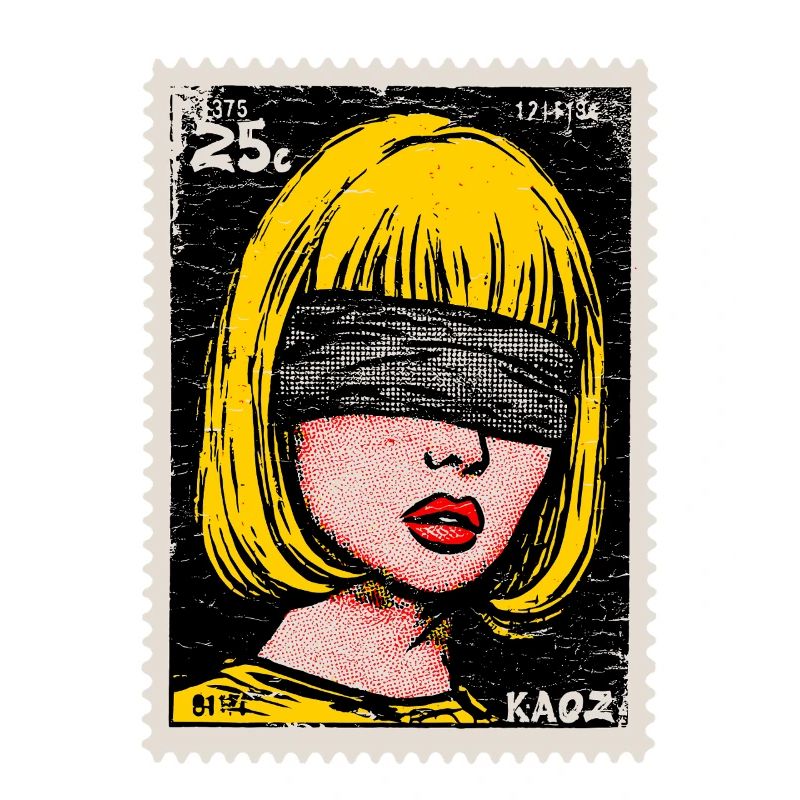 Frau mit Augenbinde im Pop-Art Briefmarke