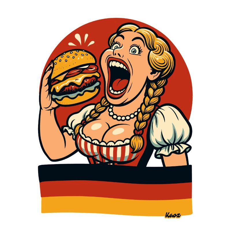 Une femme de Dirndl mange un hamburger géant