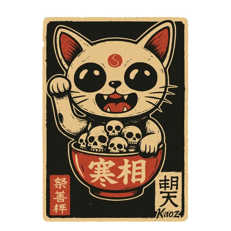 Dark Waving Cat with Skulls