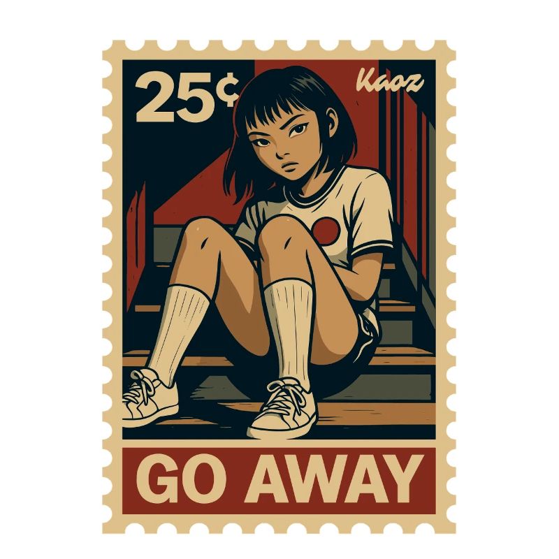 Comic Mädchen auf Treppe Briefmarke, geh weg!