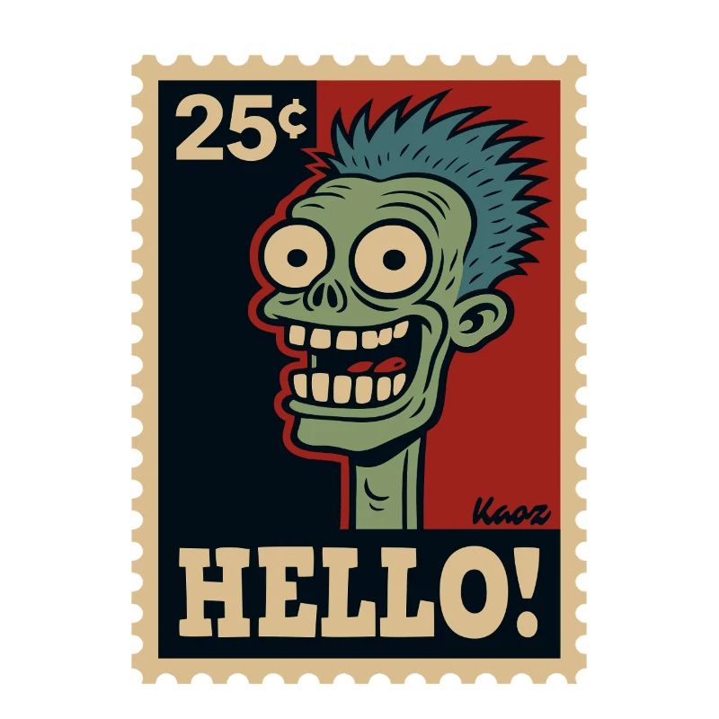 Bande dessinée zombie sur timbre-poste avec « HELLO ! »