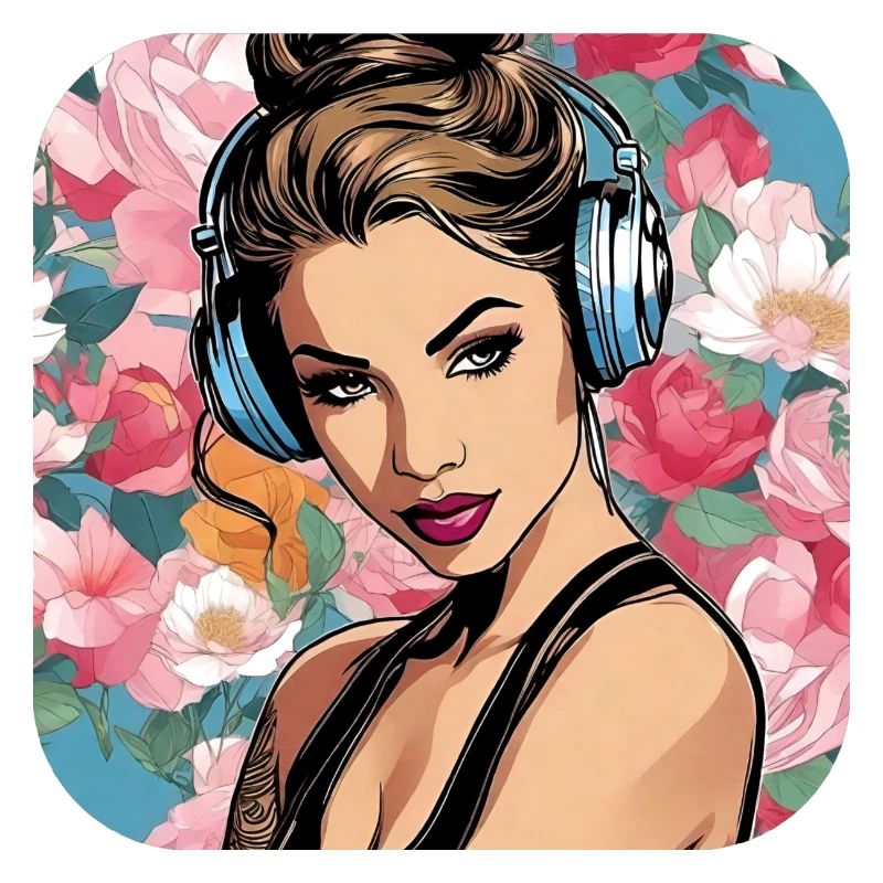 Fille cool avec des écouteurs et des fleurs