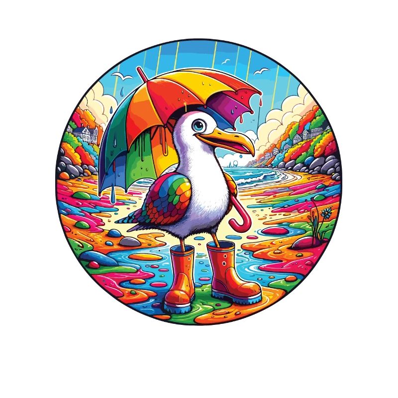 Rainbow seagull with parasol and rubber boots