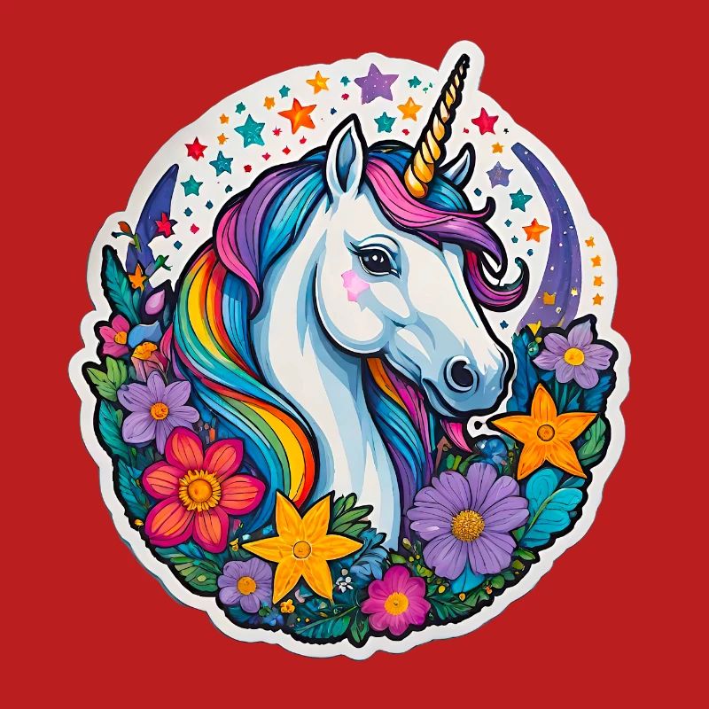 Regebogen Einhorn mit Blumen und Sternen