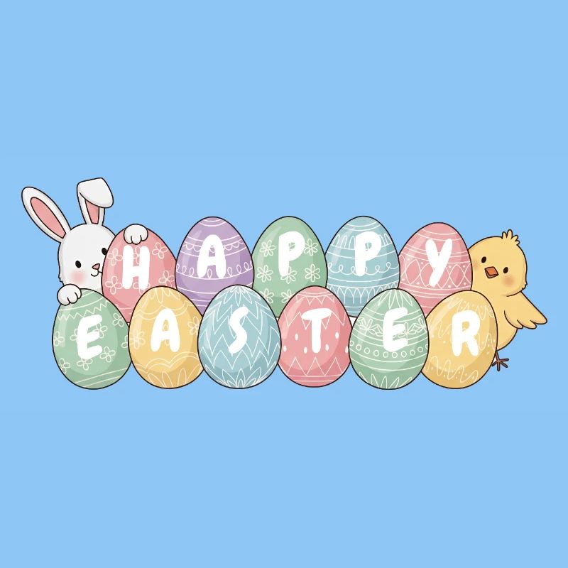 Cute Easter Bunny Chick and Eggs