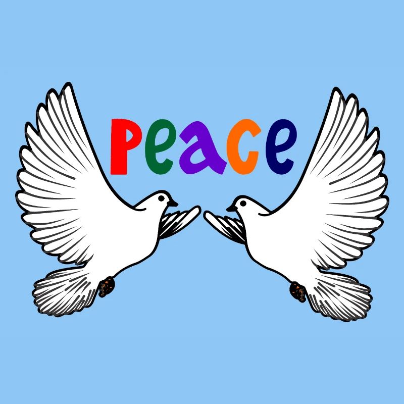 Two white doves of peace with colored text PEACE
