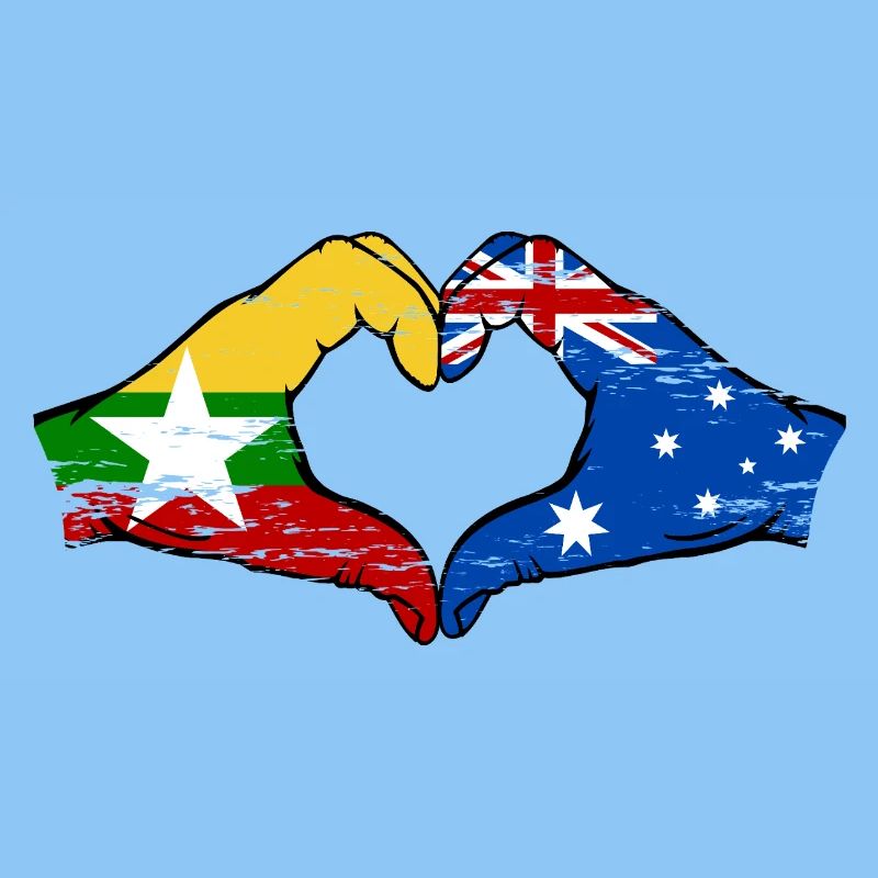 Myanmar Australie drapeau mains forme de coeur utilisé