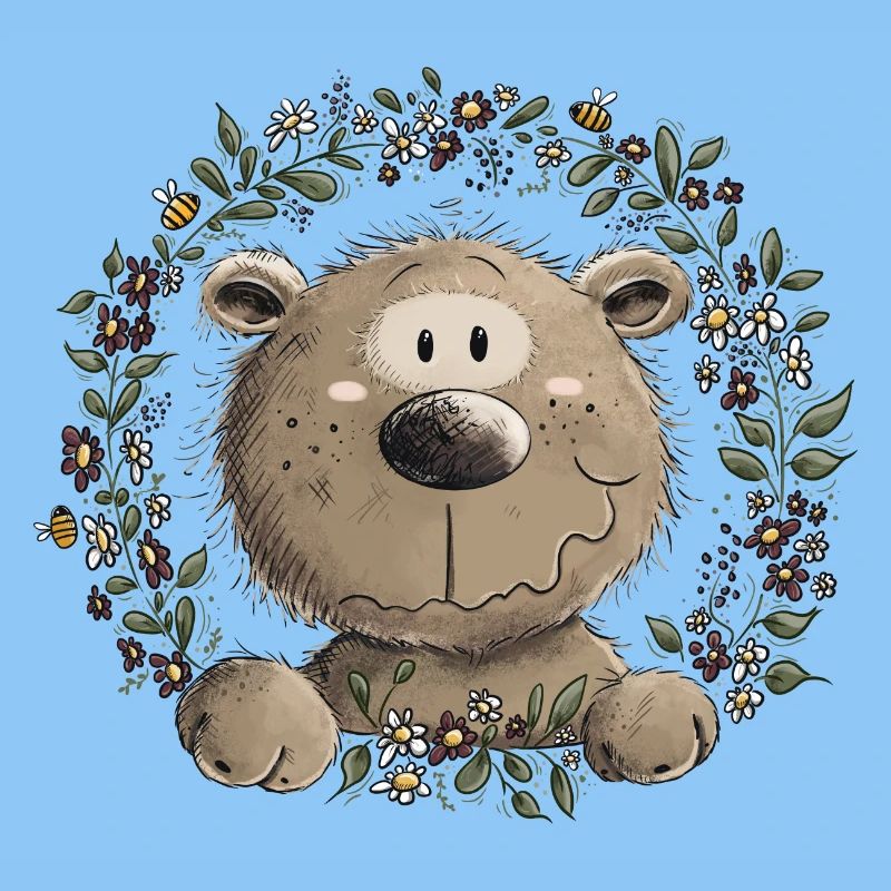 Drolliger Brauner Bär Blätterkranz Wildtier Comic