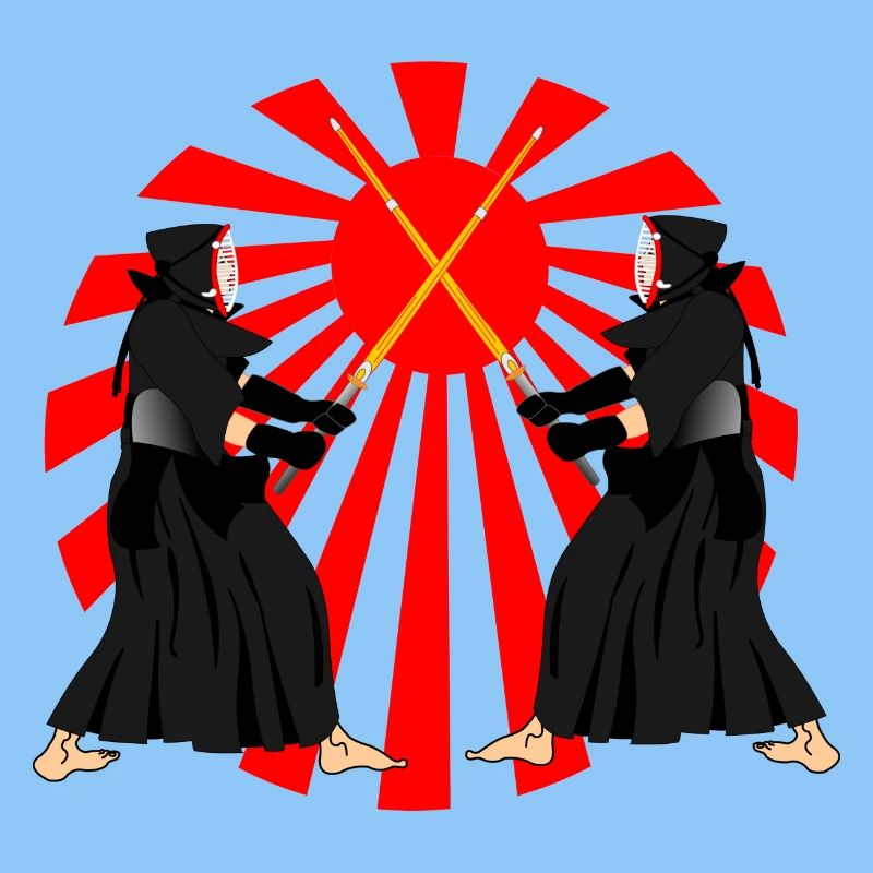 Kendo two Kendoka in fighting mode with red sun