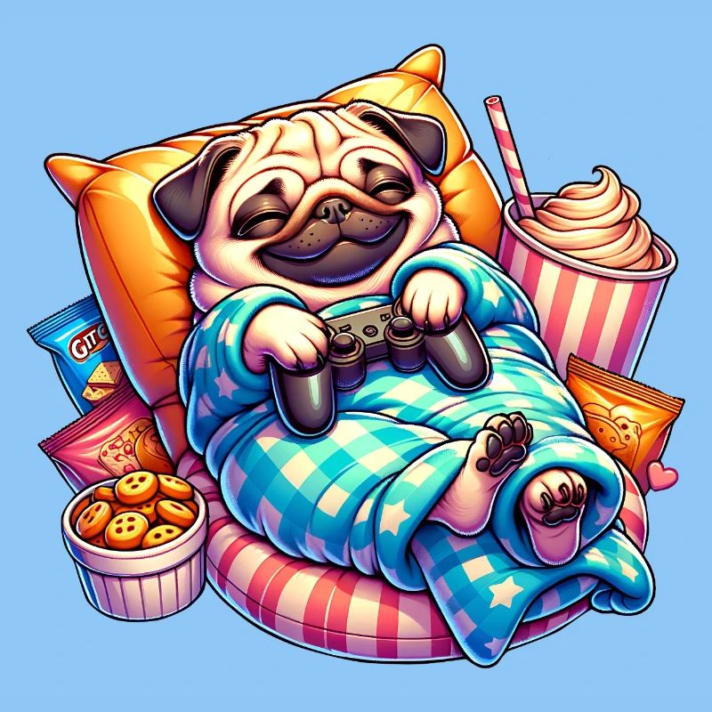 Entspannter Gaming Mops mit Snacks