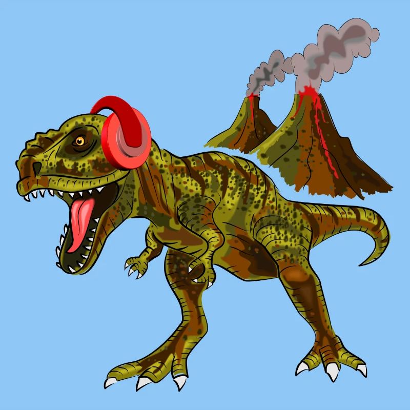 Dinosaure avec des écouteurs devant le volcan