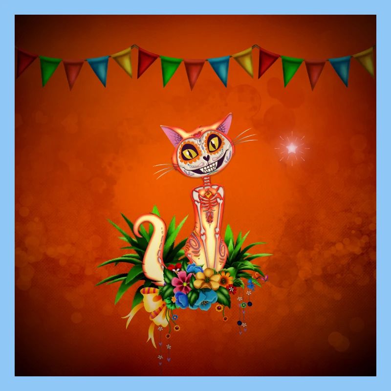 Cute sugar skull cat with flowers