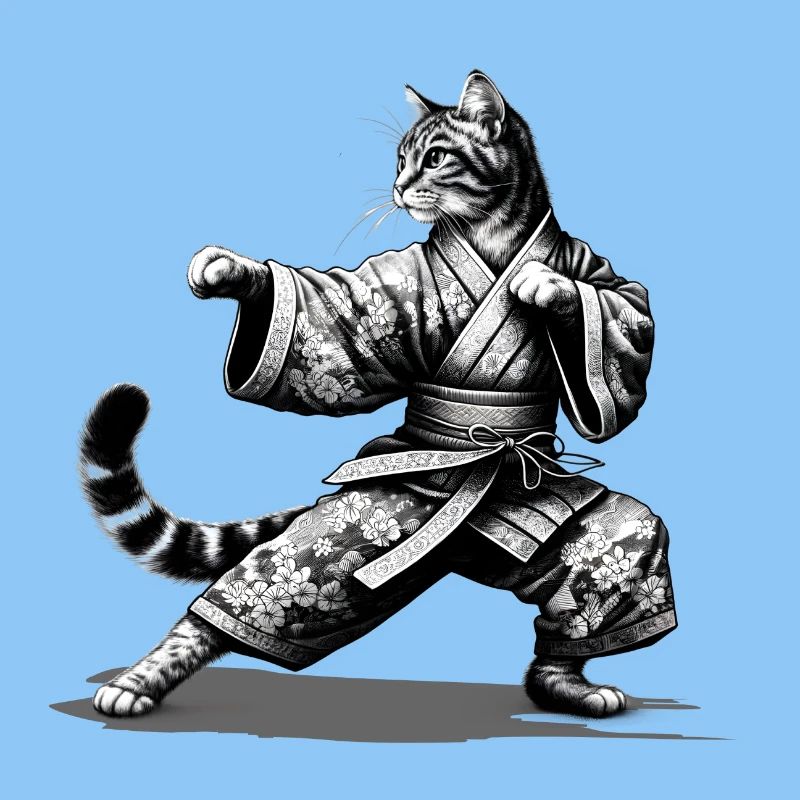 Chat avec kimono en position de combat de kung-fu
