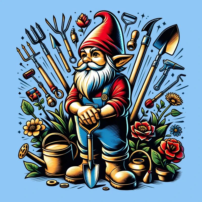 Colorful, living garden gnome surrounded by tools