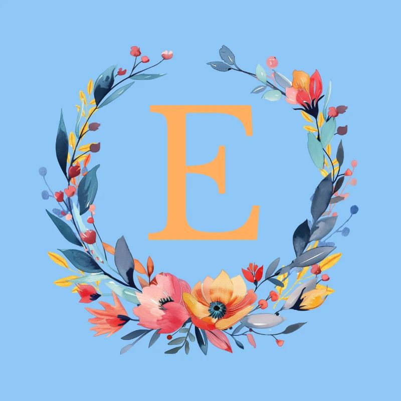 E Monogram, Flower Wreath, Personalizable