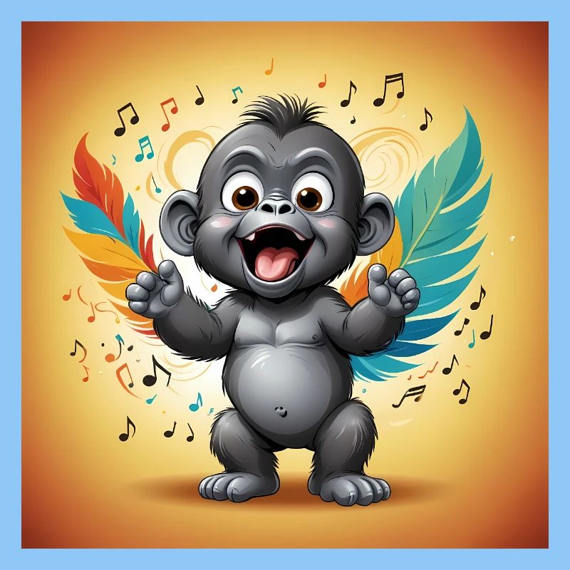 Animated Monkey with Colorful Feathers and Musical Notes
