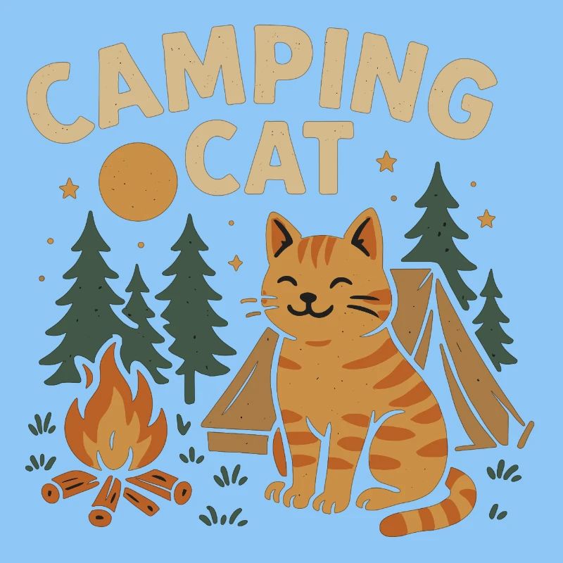 Camping cat with tent and campfire