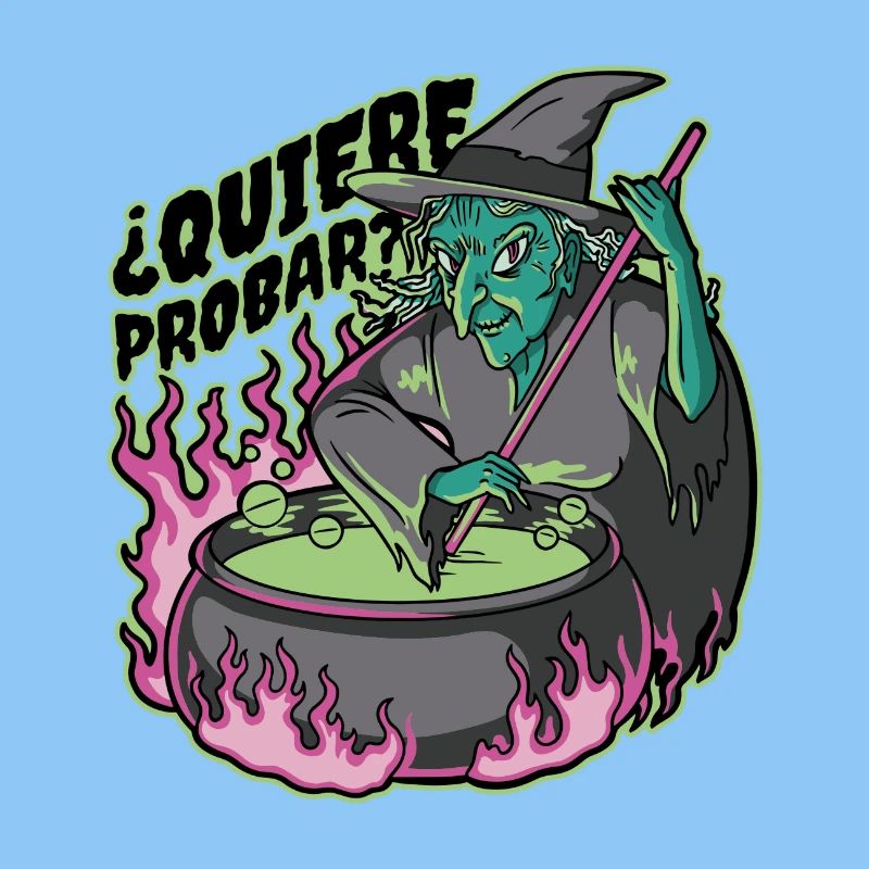 Neon witch in cauldron