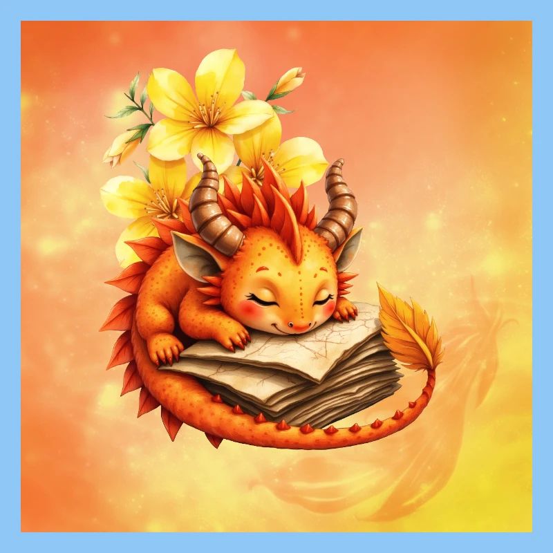 Verschlafener Drache auf geblümtem Buch