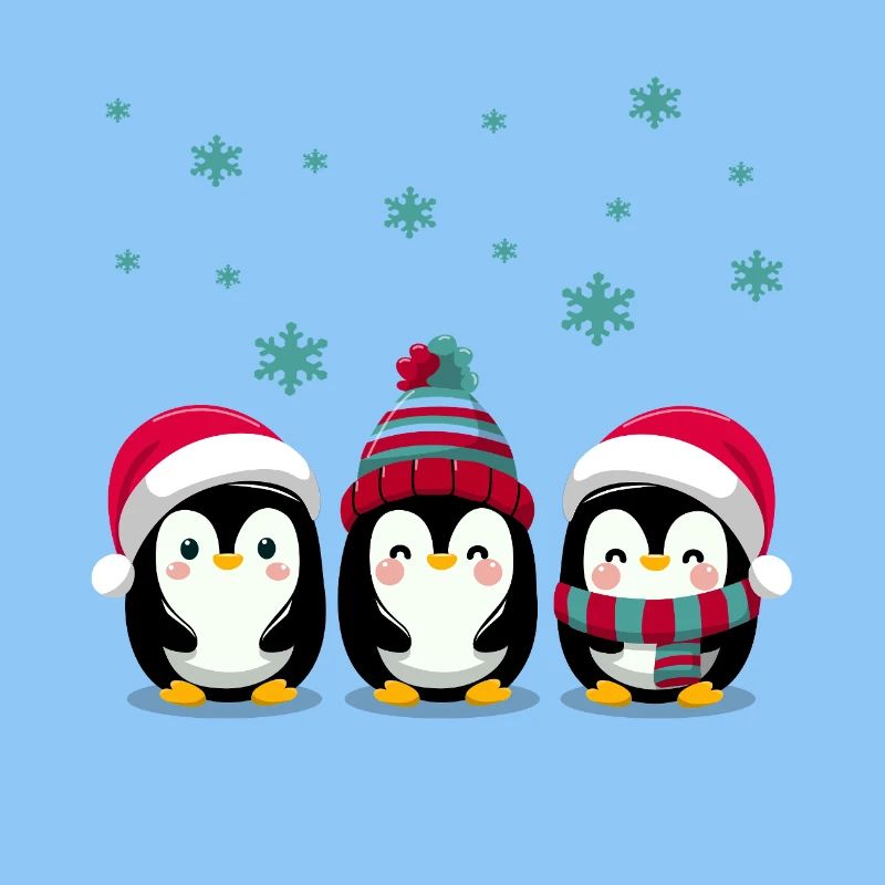 Three penguins with Christmas hats