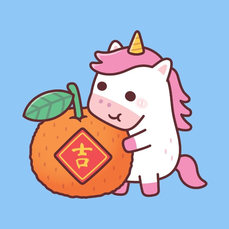 Süßes Einhornpferd mit orangefarbenem chinesischem Neujahr