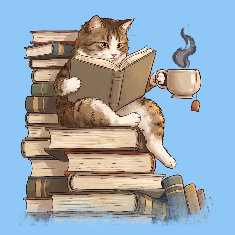 Katze liest Bücher