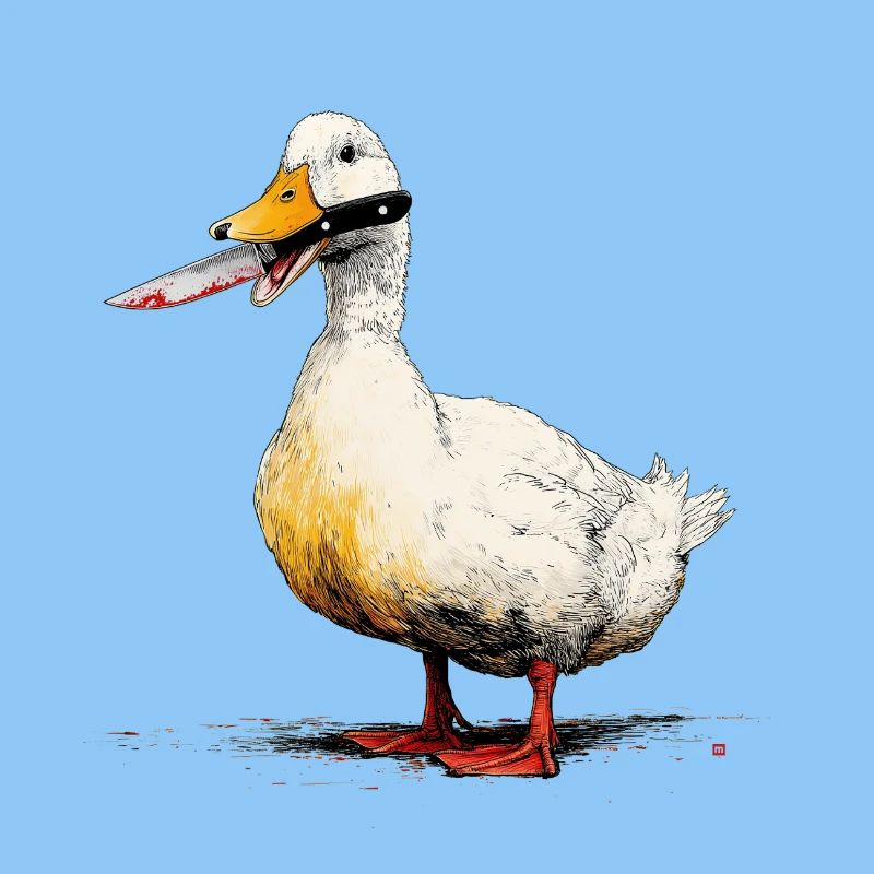 Ente mit Messer im Schnabel