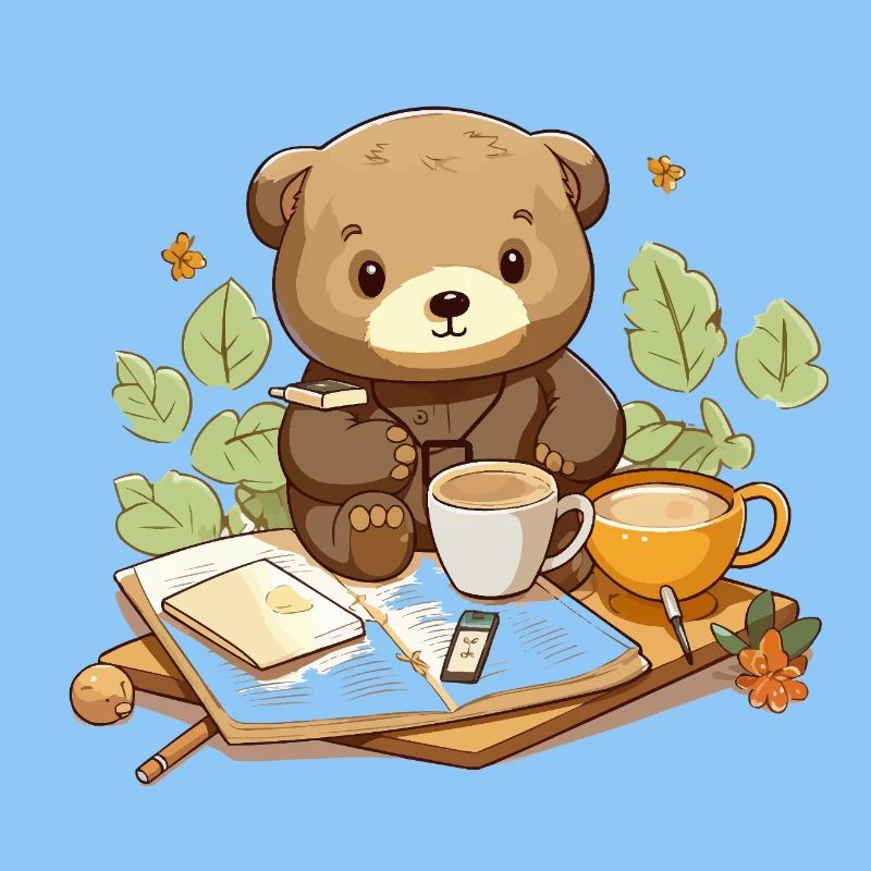 Kuschelbär beim Lesen mit Kaffee