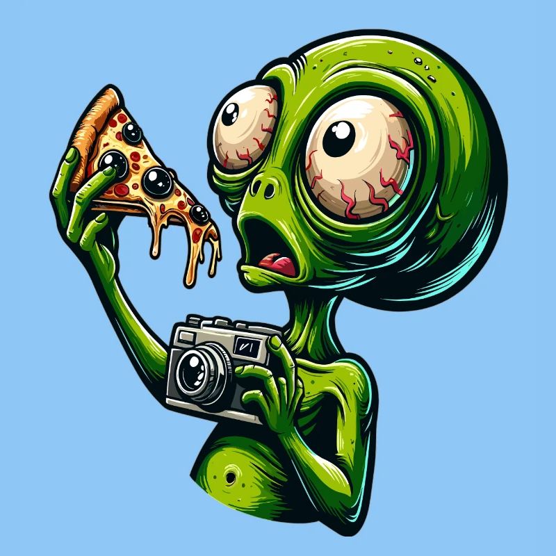 Alien mit Pizza und Kamera