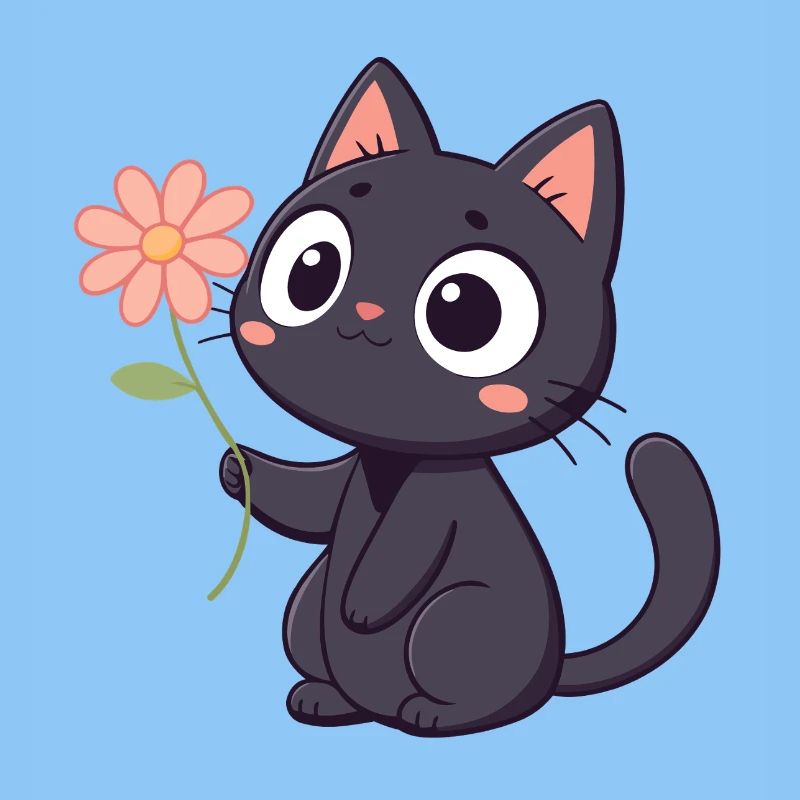 Kawaii Schwarze Katze mit Blume