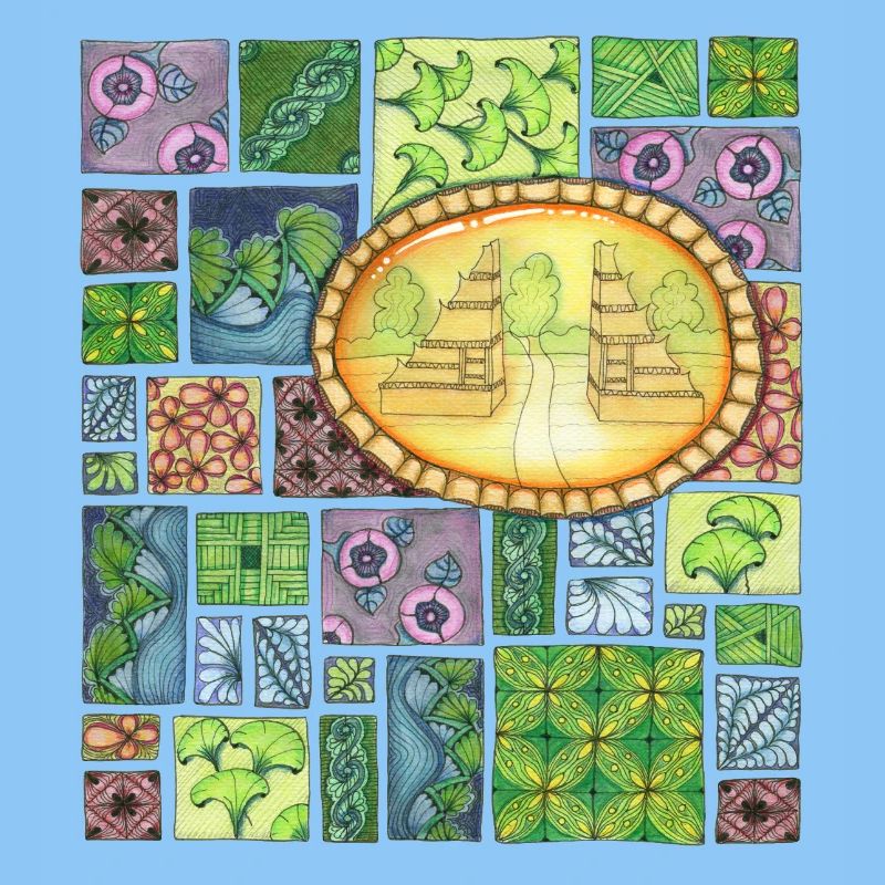 Temple de Bali sur patchwork de motifs