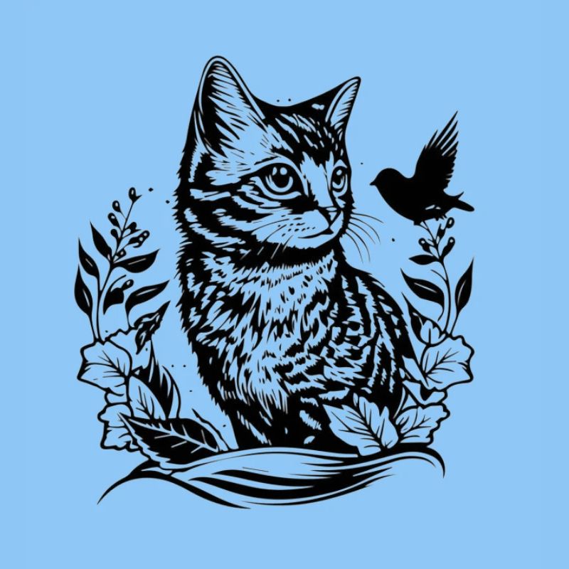 Katzenwald Linienzeichnung mit Vogel