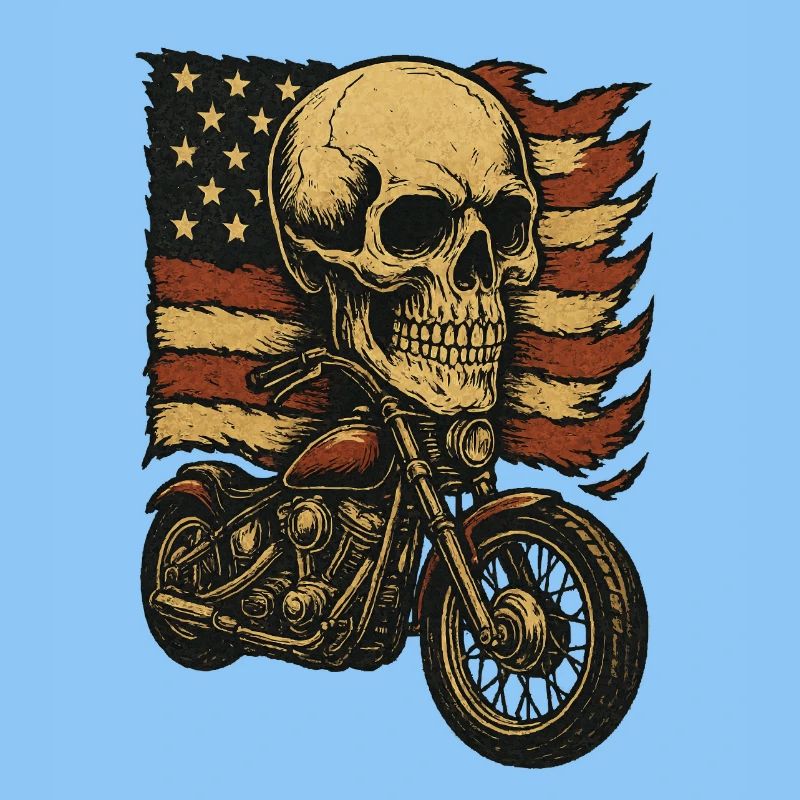 Moto skeleton devant le drapeau américain