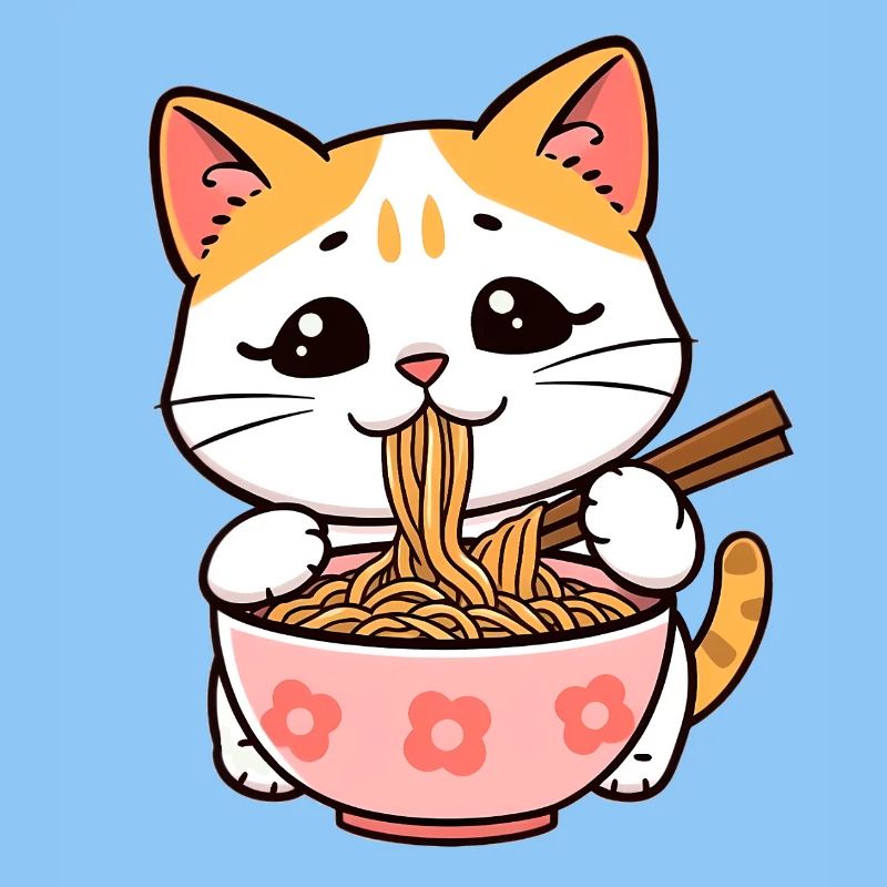Cat Eats Ramen Noodles