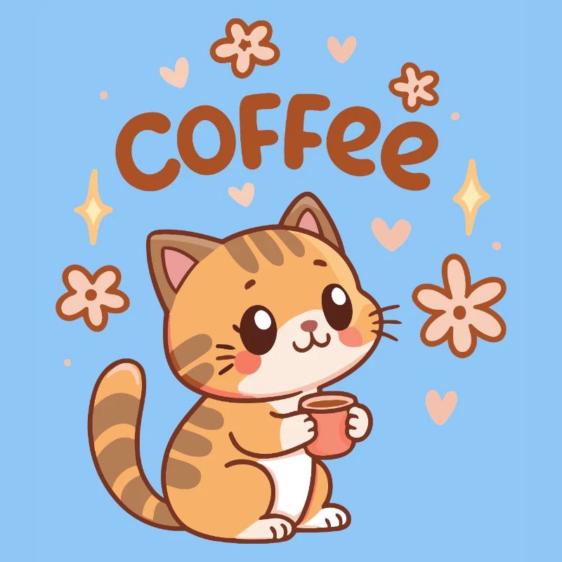 Niedliche Kaffeekatze und Blumen