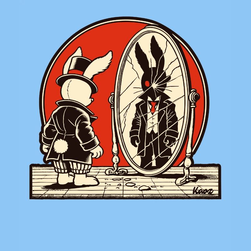 Düsterer Hase vor zerbrochenem Spiegel