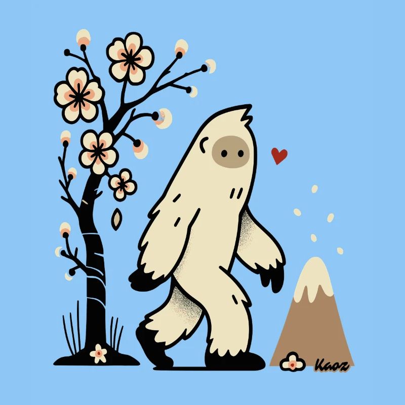 Niedliches Yeti mit Kirschblüten und Vulkan