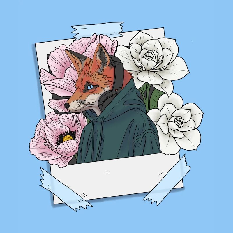 Fuchs mit Kopfhörern und Blumenthema