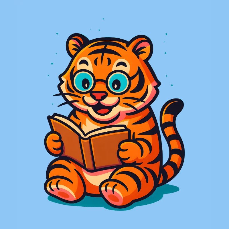 Verspielter Tiger mit Brille und Buch