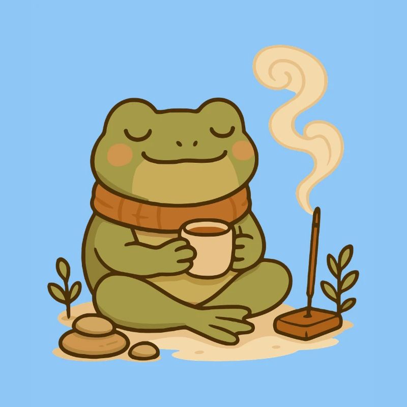 Achtsamer Frosch mit Tee & Räucherstäbchen