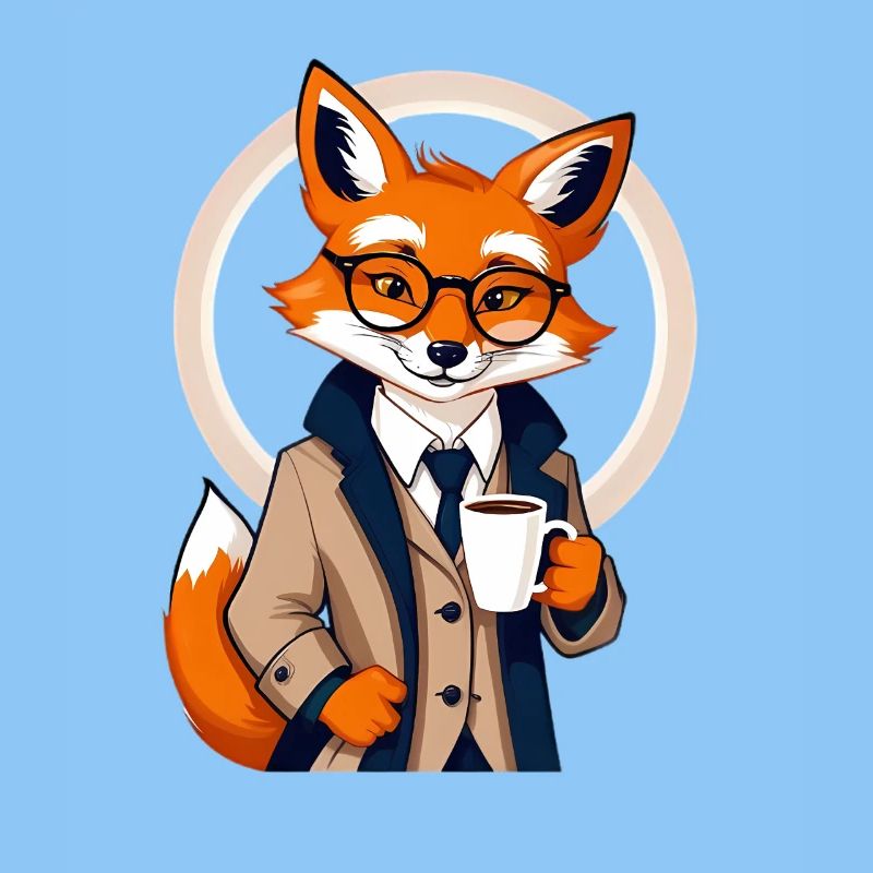 Fuchs im Anzug mit Kaffee
