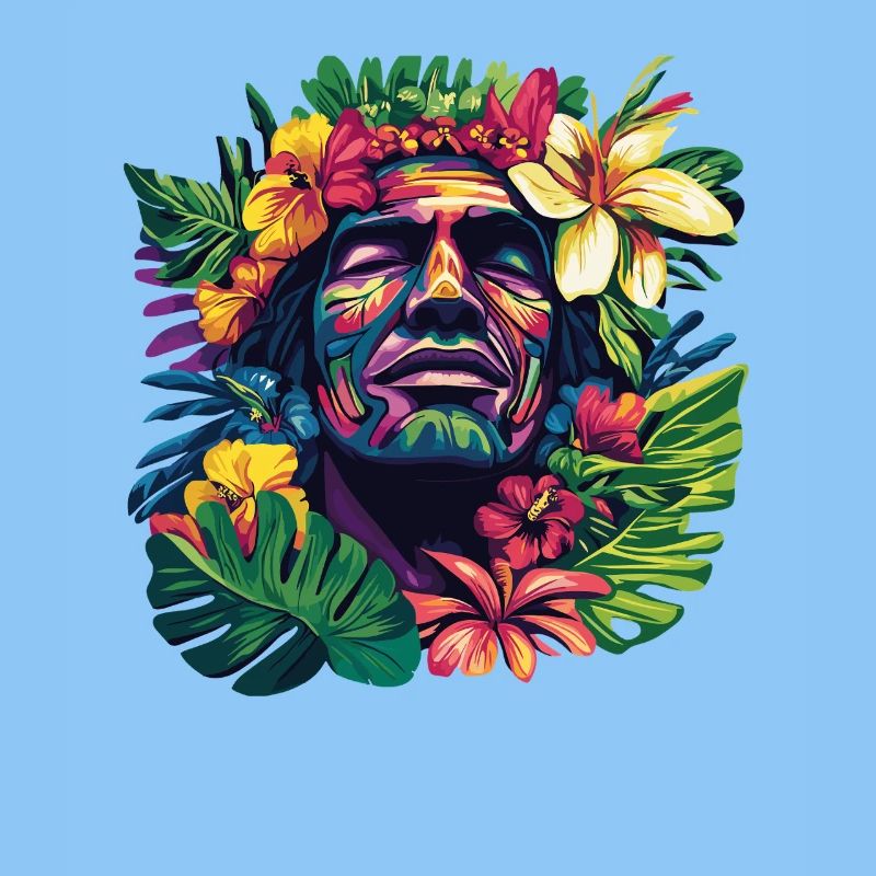 Tropischer Gesichtskopf mit Blumenkranz