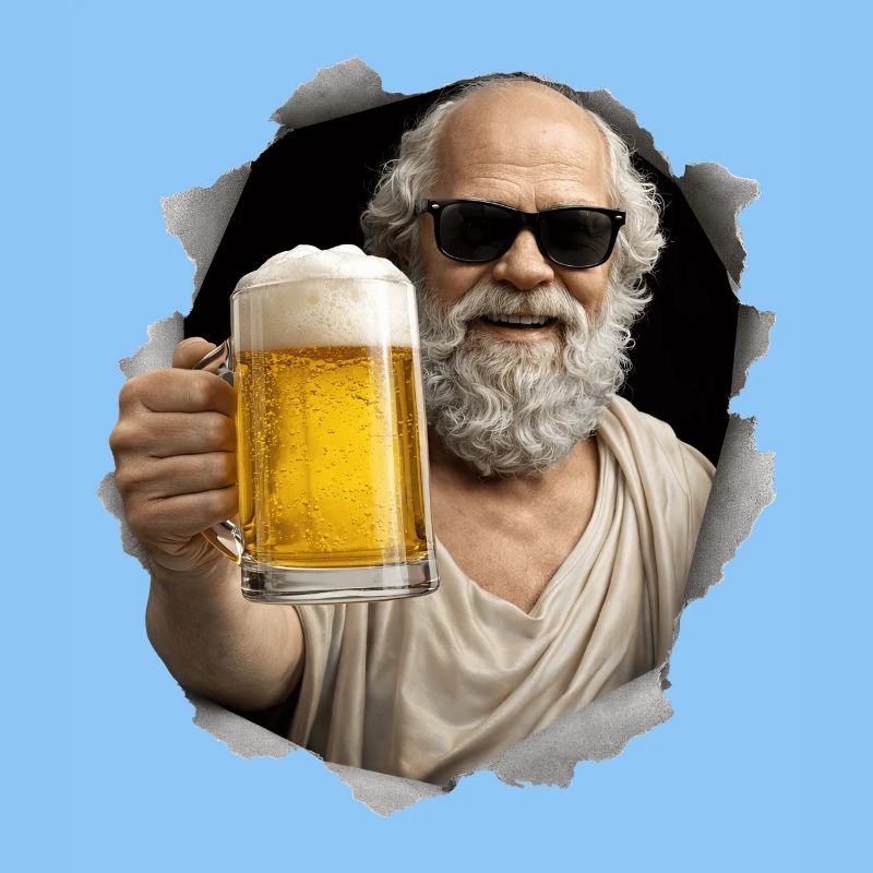 Socrates mit Bier und Sonnenbrille