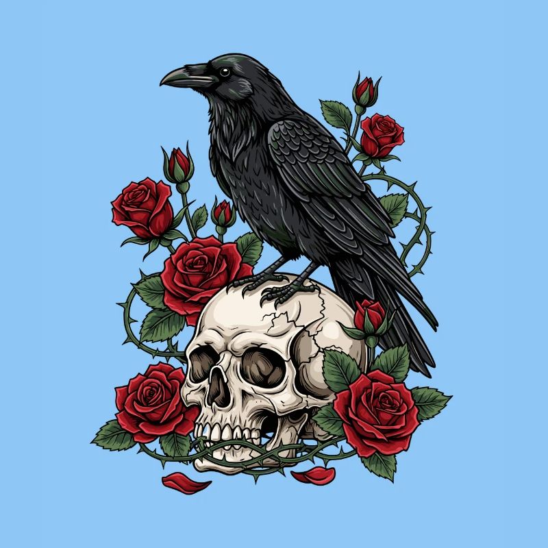 Mitternachtskrähe auf Totenkopfrosen