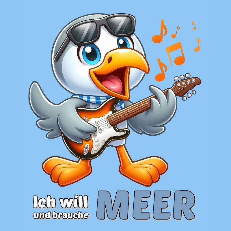 Fröhlicher Seevogel mit Gitarre