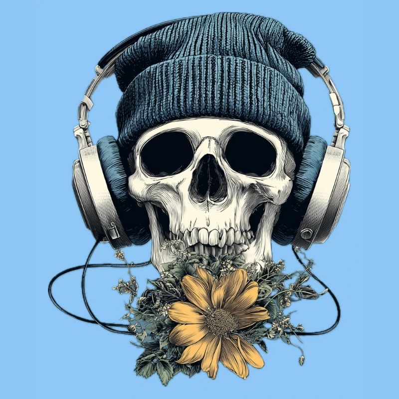 Crâne avec casque et fleurs