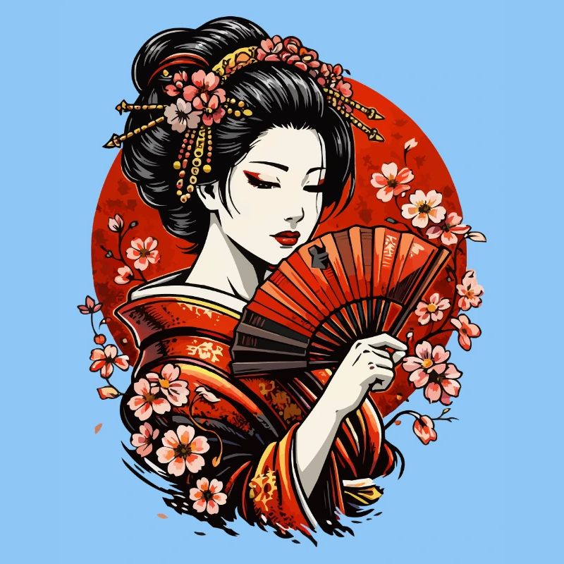Geisha mit Fächer und Kirschblüten