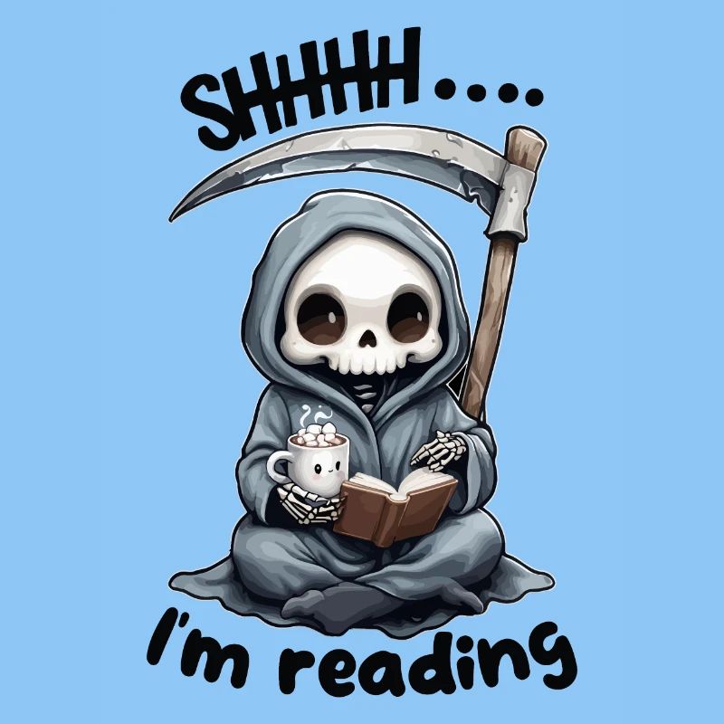 Sensenmann liest ein Buch mit Kaffee