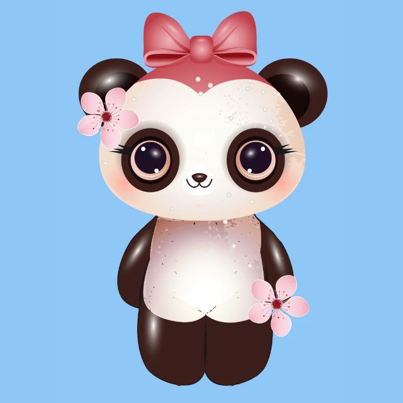 Panda mignon avec nœud rose et fleur de cerisier