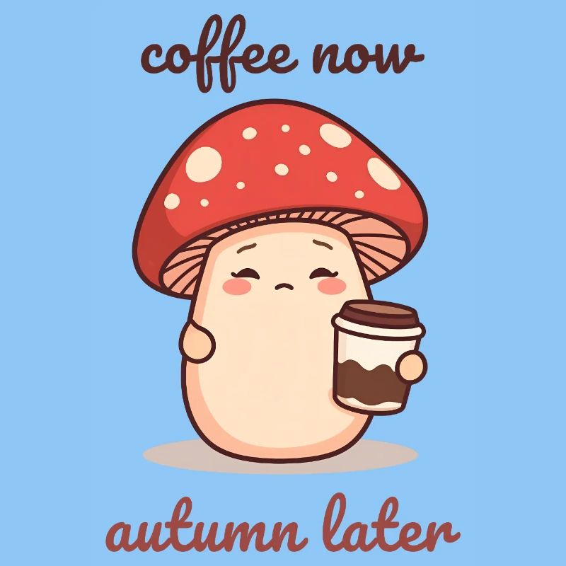 Kawaii Pilz mit Kaffeebecher Herbst Müde